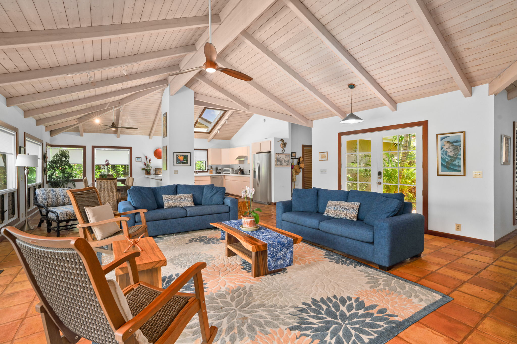Hula Blue great room with vaulted wood ceilings