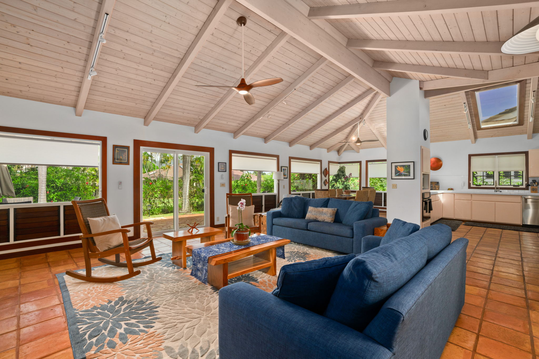 Hula Blue open living area with vaulted wood ceilings